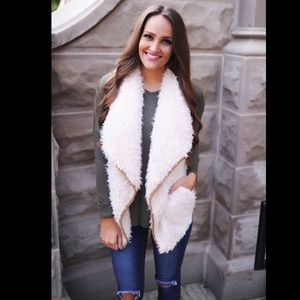 Shearling fuzzy vest with faux leather trim